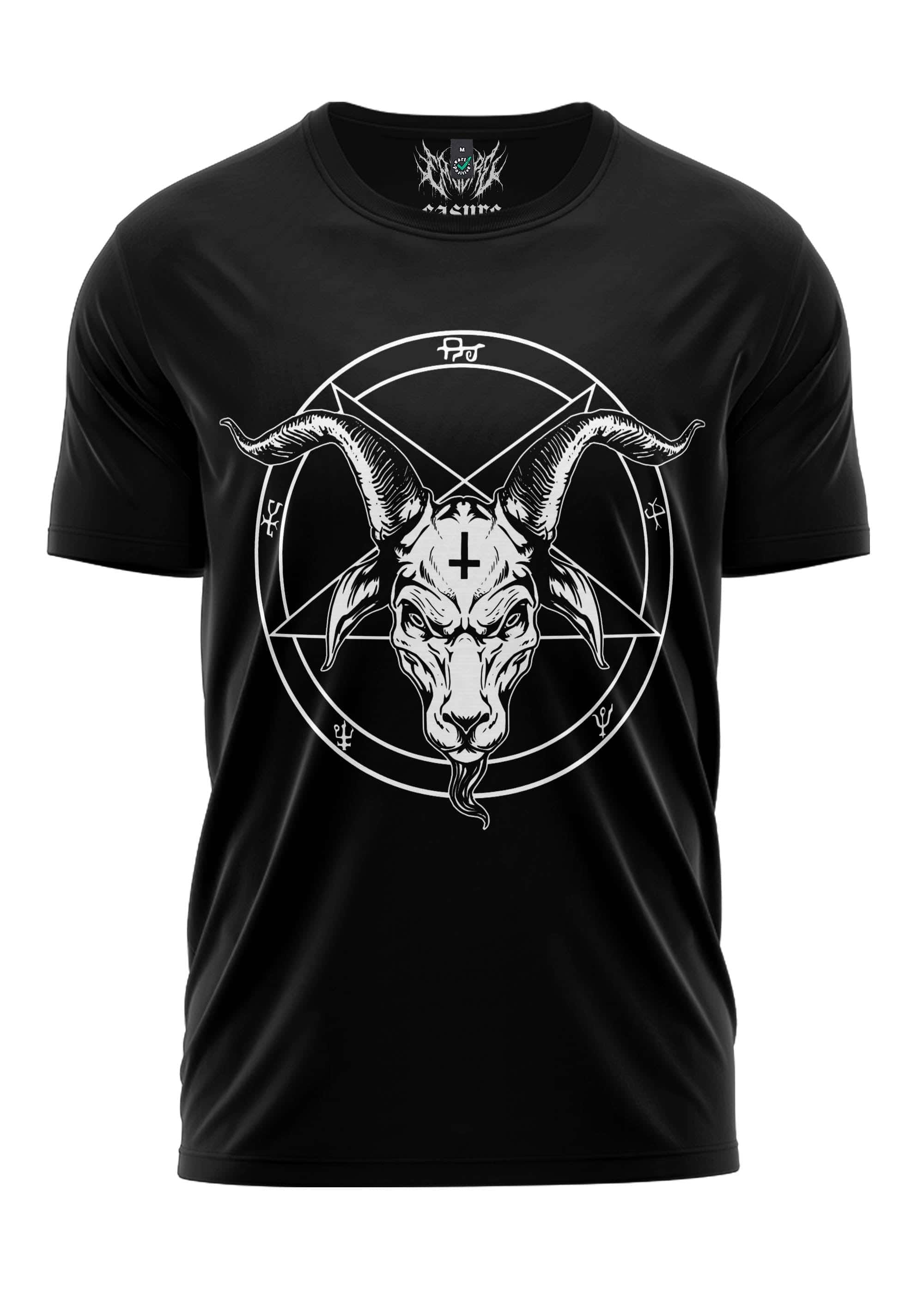Schwarzes kurzarmshirt bitte mit detailliertem weißem gothic horror ziegenkopf in umgekehrtem pentagramm